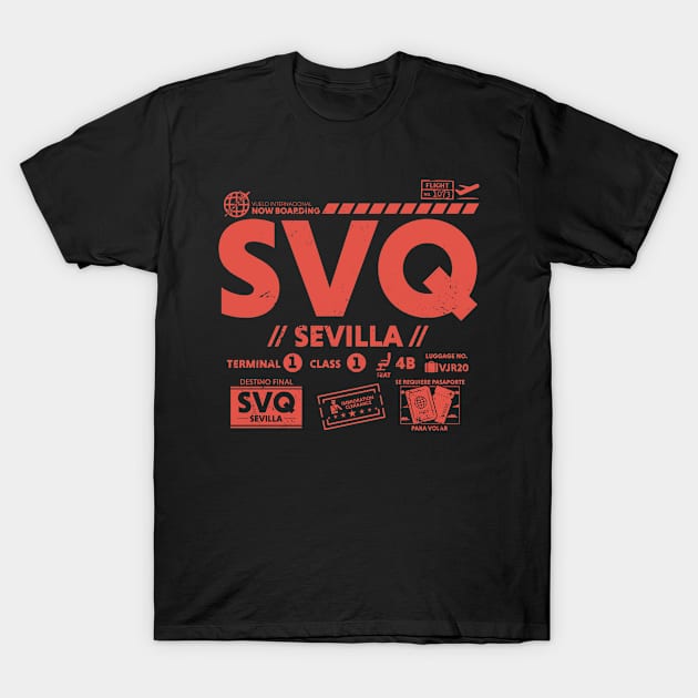 Vintage Sevilla SVQ Airport Code Travel Day Retro Travel Tag Spain T-Shirt by Now Boarding